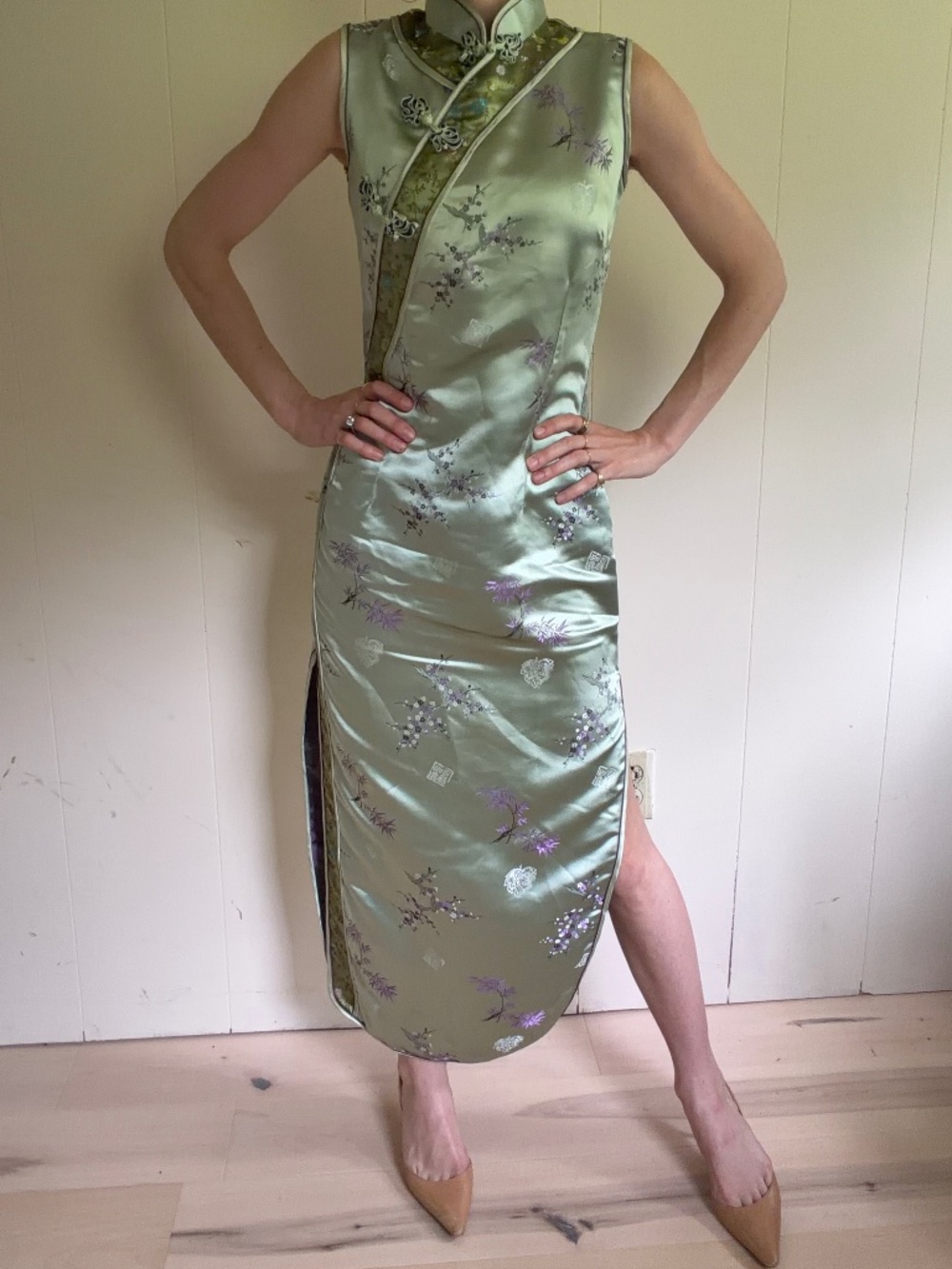 Green & purple floral embroidered silk maxi dress with slit